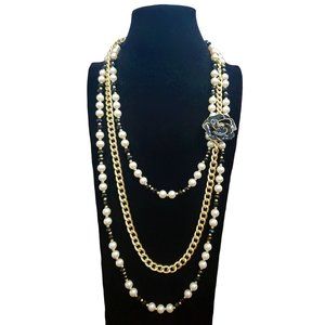 Handmade Pearl & Gold Chain Multi Layer Necklace w/ Black Enamel Flower Pendant